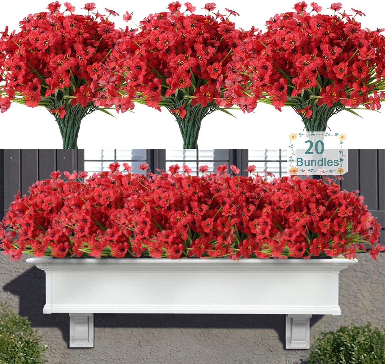 20 Bundles UV-Resistant Artificial Red Flowers: Perfect for Outdoor Décor